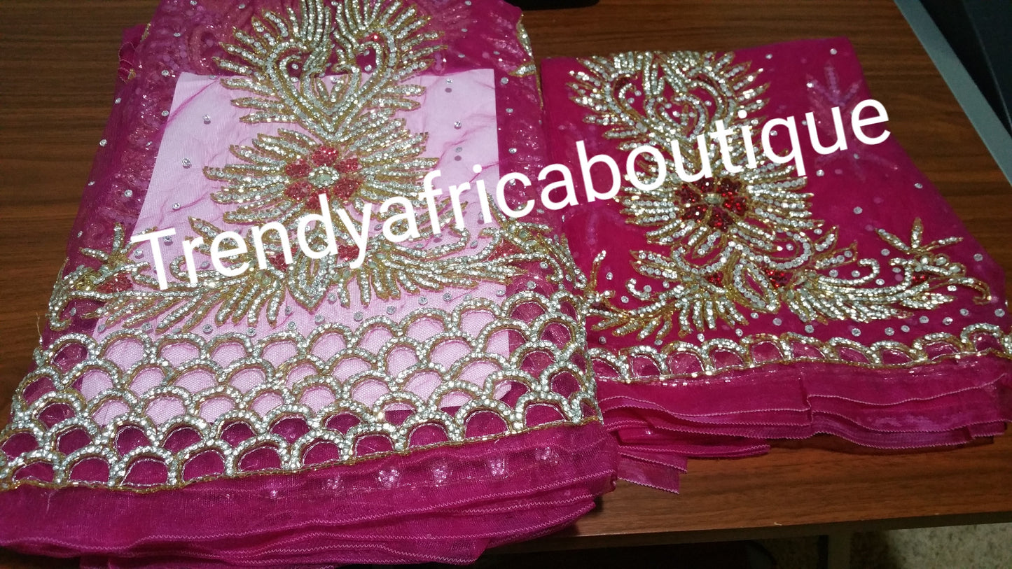 Fuschia pink Madam hand stoned Net George wrapper and matching blouse. Nigerian high society ceremony as wedding. Sold as set 6.5yds total