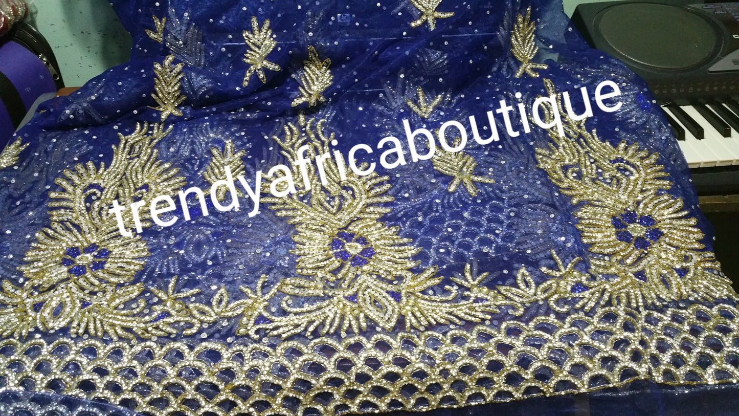 Royal blue VIP Net George wrapper. All over dazzling crystal stones design, handcut border. Very rich and classic. 5yds+ 1.8yds matching for blouseblouse.