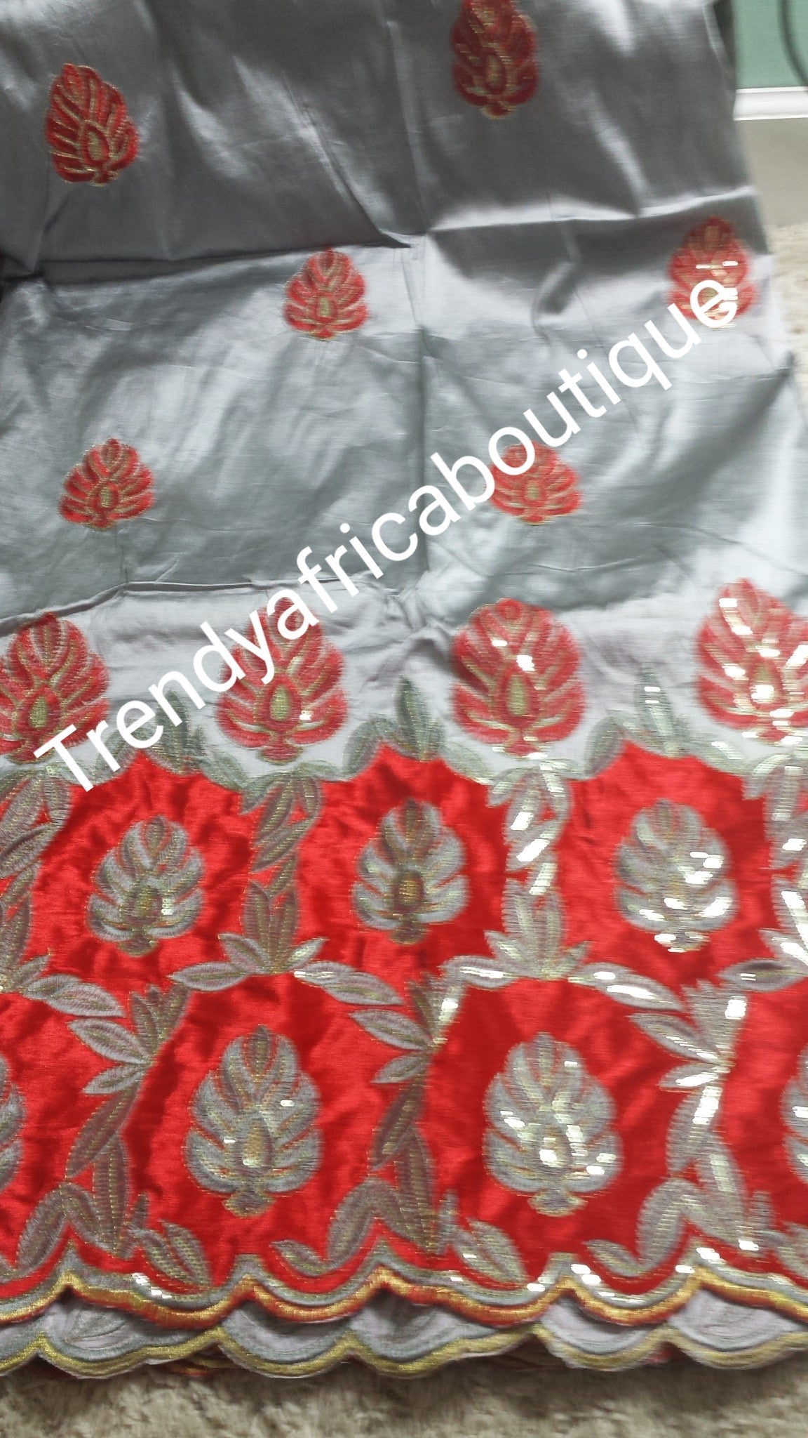 Ash/red color taffeta+ velvet silk George with Red Embroidery. Quality india silk George wrapper. Small-George. IGBO  Traditional George fabric. Original quality silk/sequence with velvet design  border Sold as 5yards lenght.