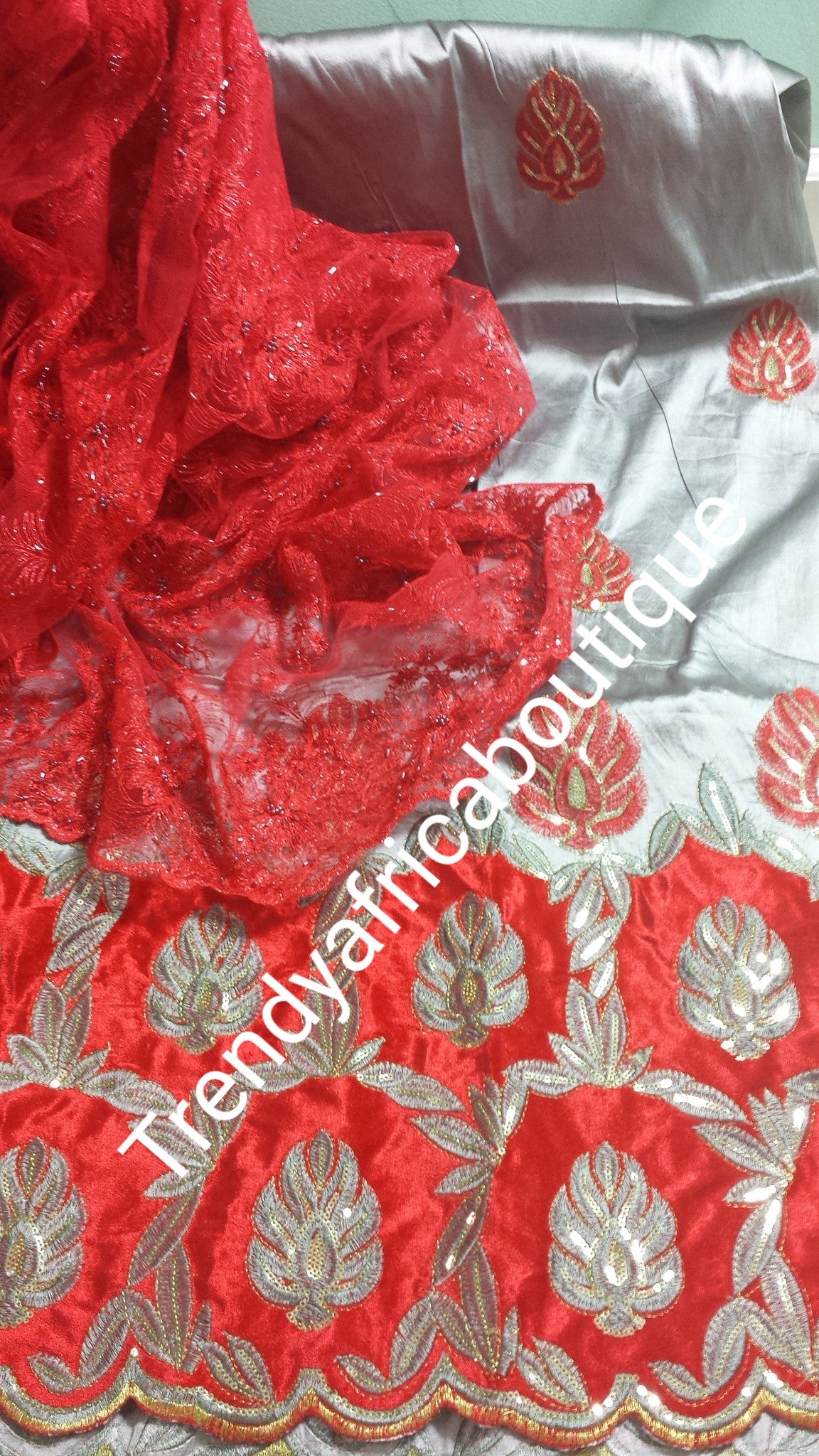 Ash/red color taffeta+ velvet silk George with Red Embroidery. Quality india silk George wrapper. Small-George. IGBO  Traditional George fabric. Original quality silk/sequence with velvet design  border Sold as 5yards lenght.