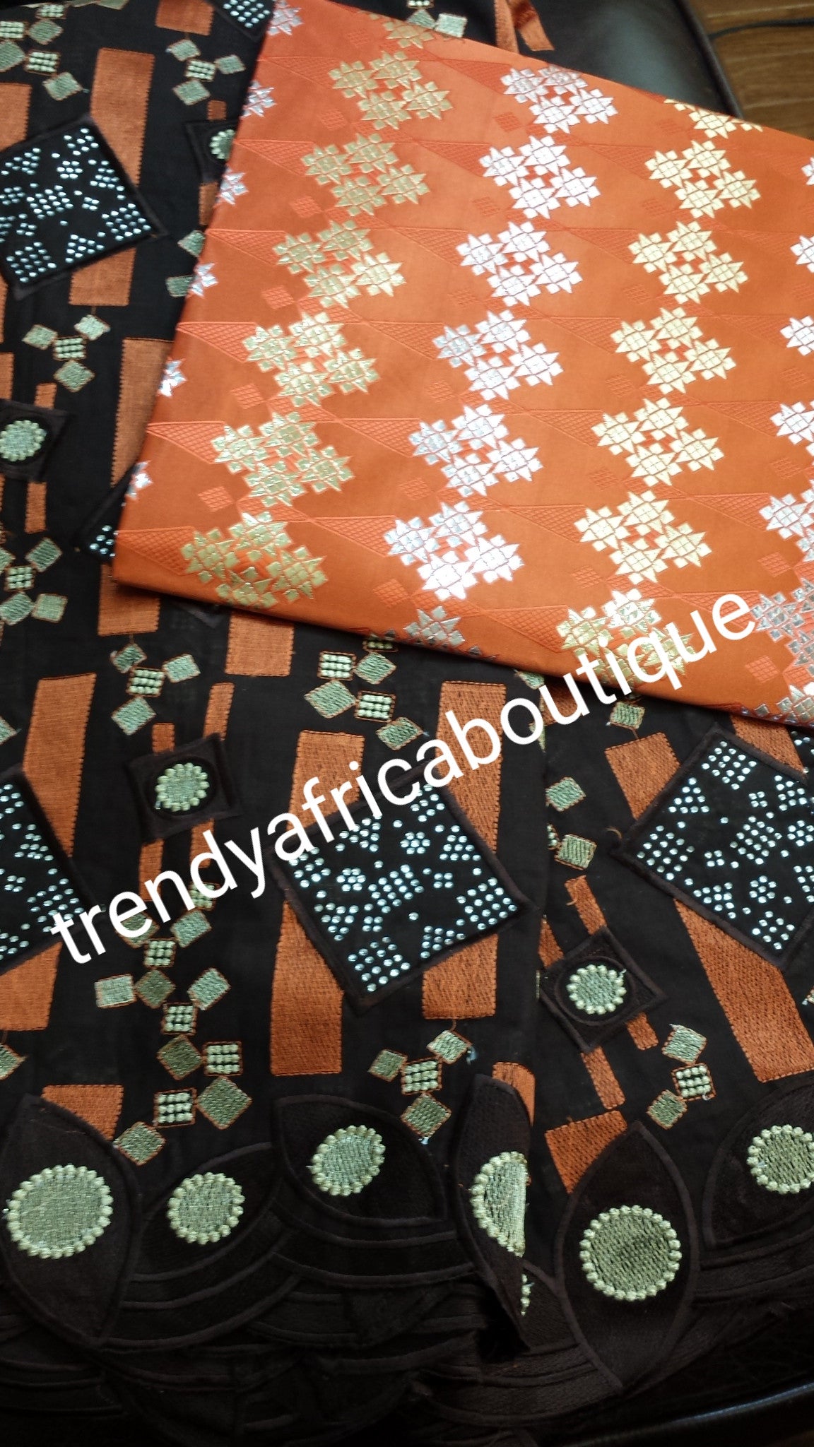 Bonus Sale: Original Quality Big Swiss lace fabric for Nigerian\African Celebrants. Chocolate brown/Orange with all over crystal stones. Coffee brown lace. Sold with orange gele (headtie)