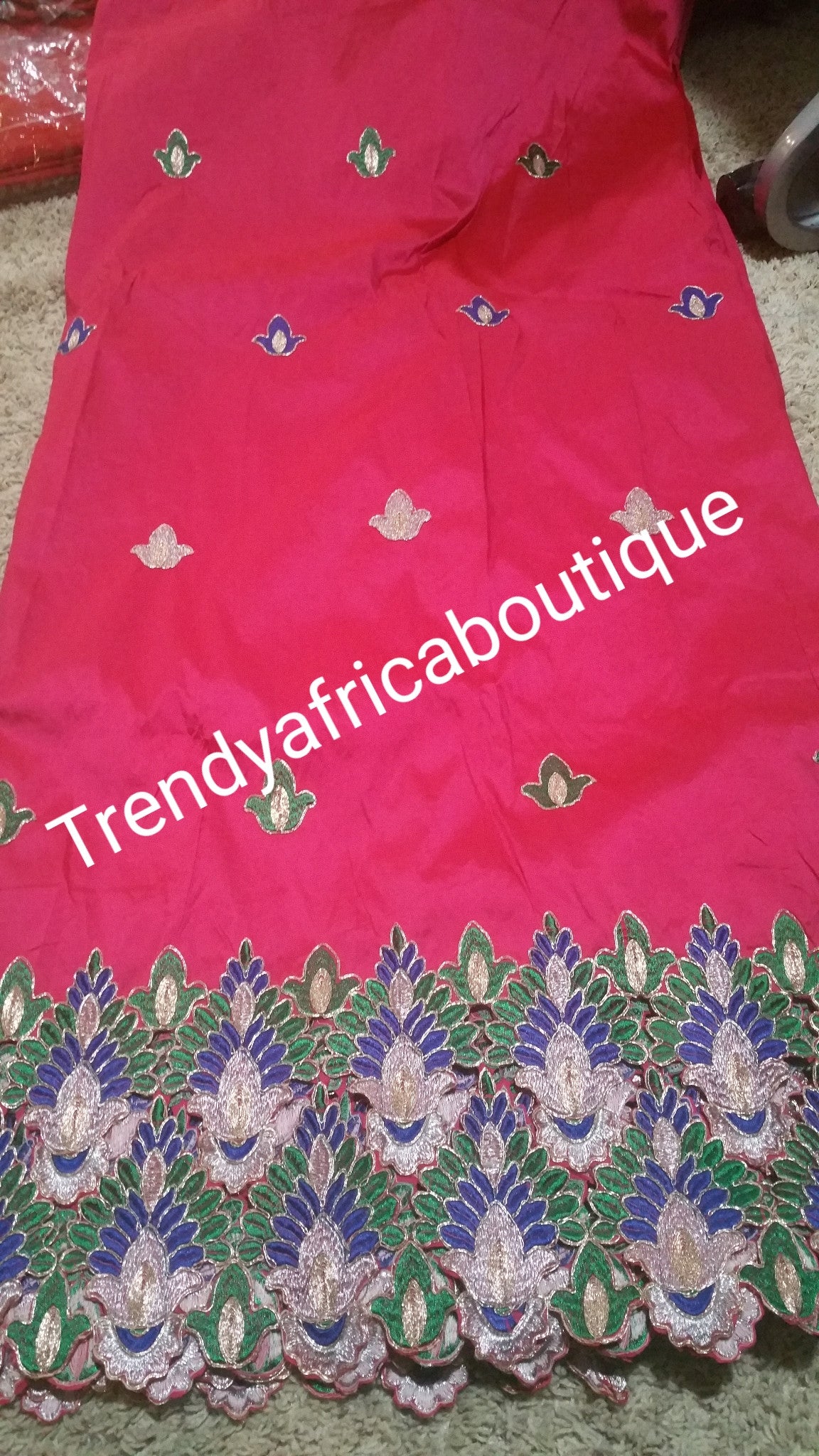 Fuchsia pink Fancy India-George Wrapper with hand cut flower boader. Sold 5 yards lenght