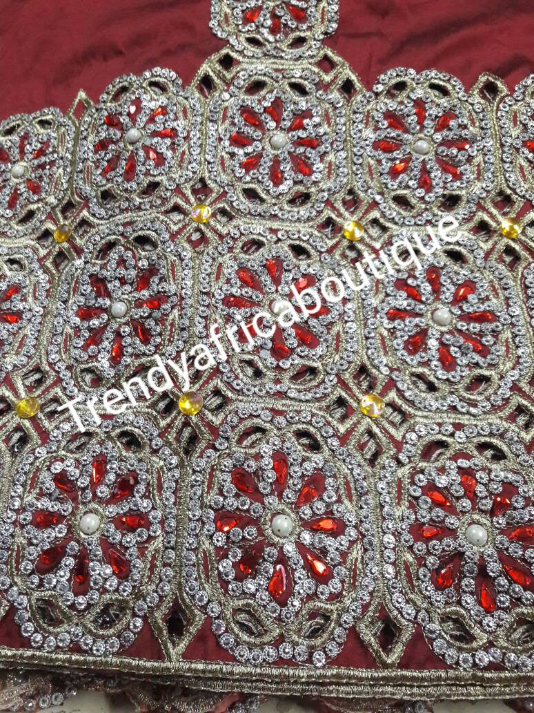 Exclusive Maroon Red Madam/VIP hand Stoned Silk George wrapper for Nigerian Traditional wedding 5yards wrapper + 1.8yds blouse