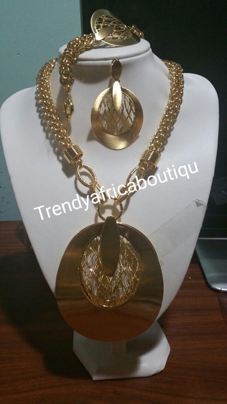 3pcs. Latest Jewelry set.  18k Gold plated Dubai necklace set for Nigerian big party. High quality plating. Available in Silver plating. Sold as a set. Price is for set