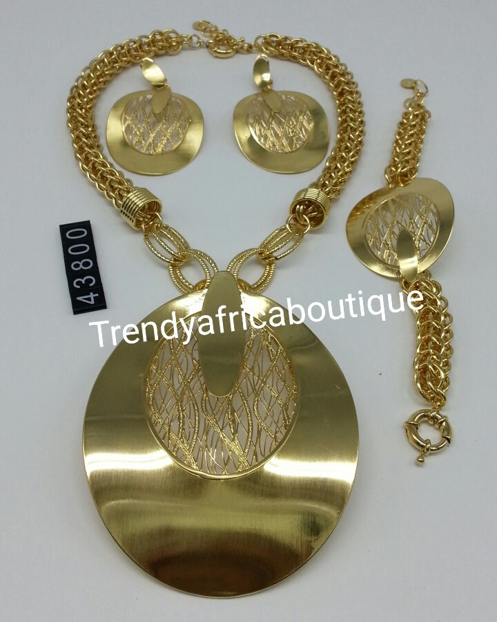 3pcs. Latest Jewelry set.  18k Gold plated Dubai necklace set for Nigerian big party. High quality plating. Available in Silver plating. Sold as a set. Price is for set