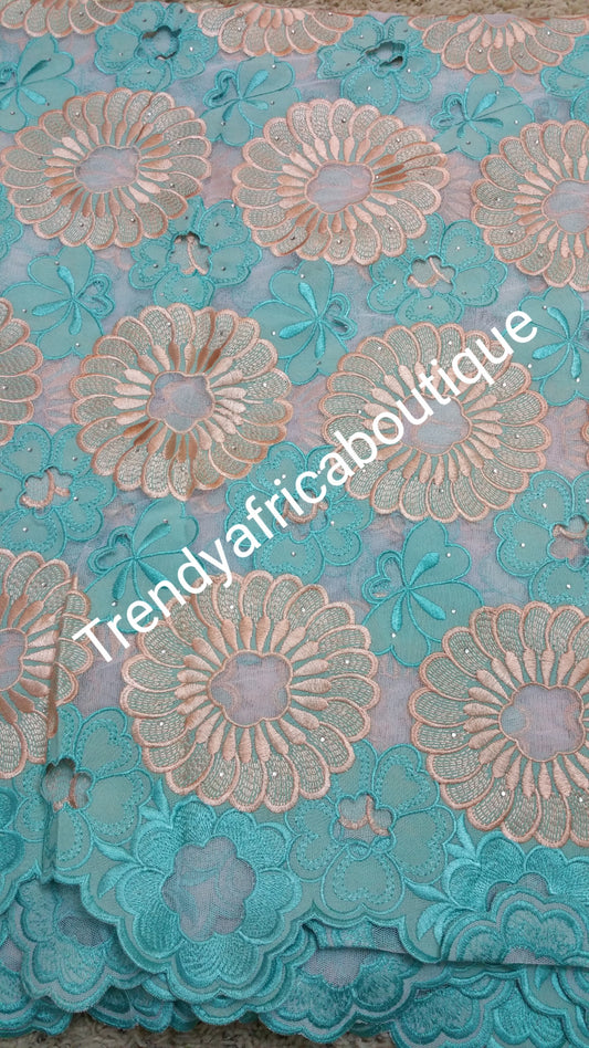 Clearance: Skyblue/Peach Original Swiss voile lace. Embroidery swiss lace. Sold per 5yds.