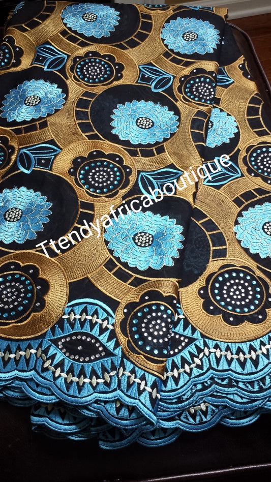 Sale: Black/Gold/Turquoise blue Swiss voile lace fabric with multi color Crystal stones. Use for Nigerian party. Sold per 5yards. Price is for5yds