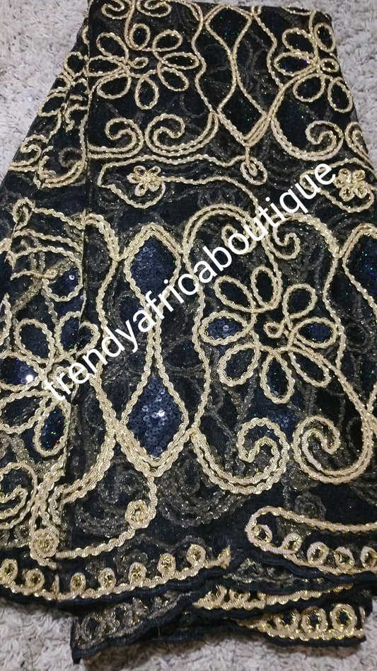 Black/gold Net French lace fabric for Nigerian party dress. Soft, quality lace fabric. Sold as 5 yards