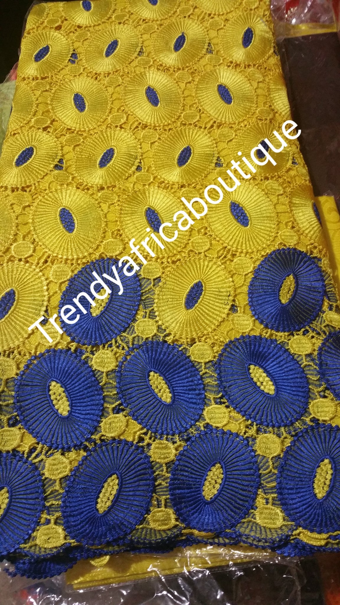 Clearance: Yellow/royal blue Cord-lace fabric. Soft Quality African/swiss lace. Sold per 5yds.