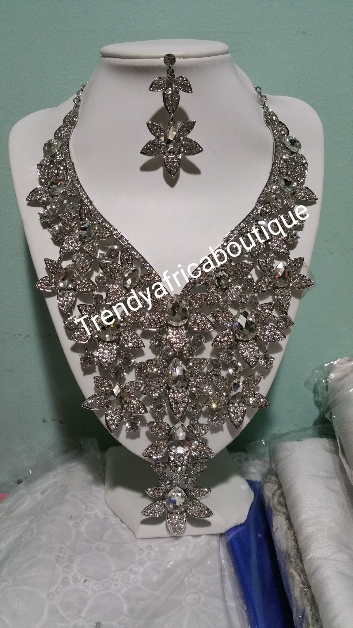Sale: Silver Crystal jewelry set. 2pc set of Bridal dazzling crystal necklace for weddings or formal occasion. Sold as a set