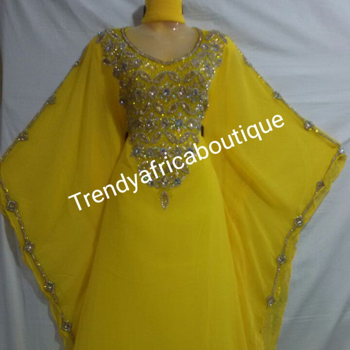Yellow Long kaftan/bubu beaded and crystal stones design. 60" long free flowing African kaftan dress