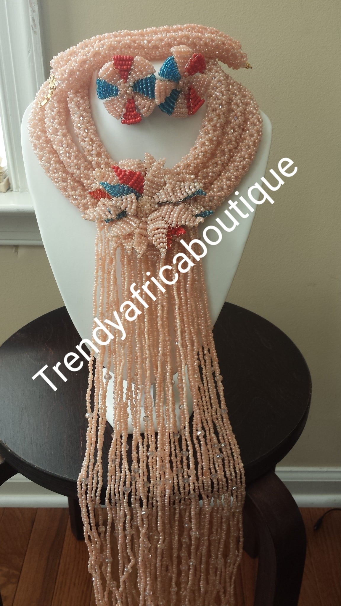 Sale: 3 rows hand beaded necklace with bracelet and earrings. Peach/teal/red. Coral-necklace for Nigerian party