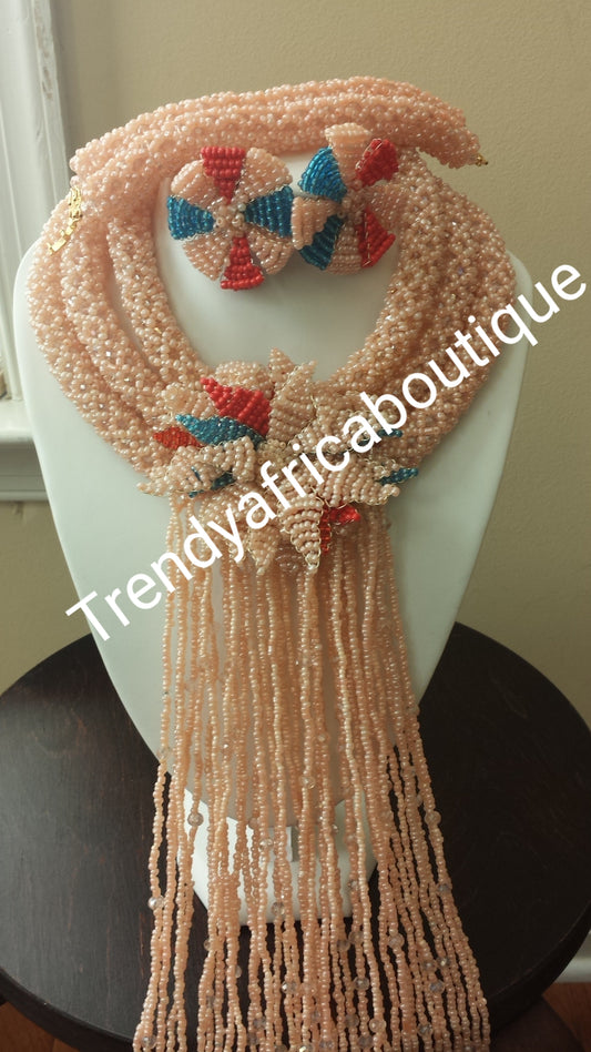 Sale: 3 rows hand beaded necklace with bracelet and earrings. Peach/teal/red. Coral-necklace for Nigerian party