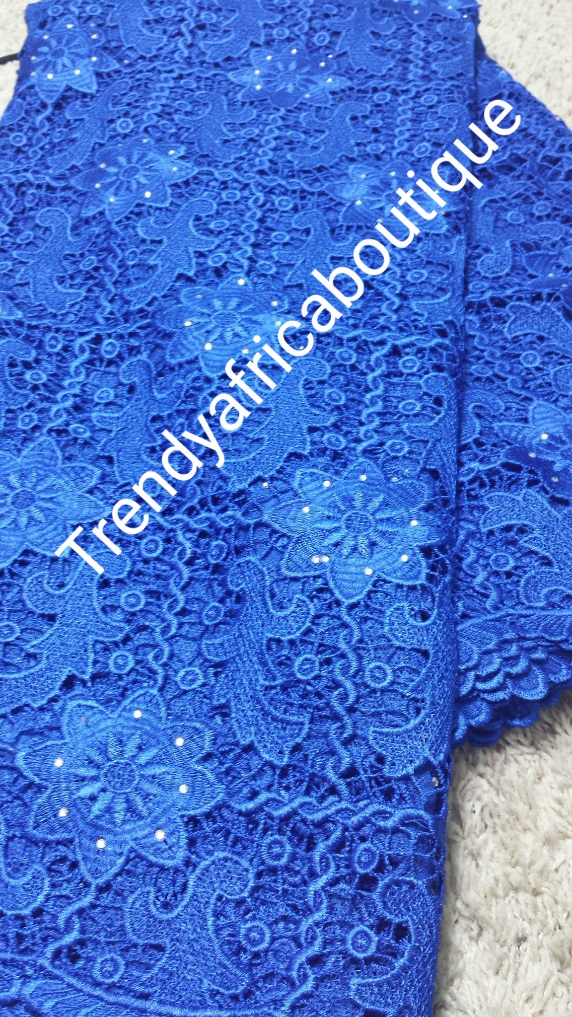 Royal blue Cord-lace fabric with stones for Nigerian party dress. Africa Cord/guipure swiss lace fabric