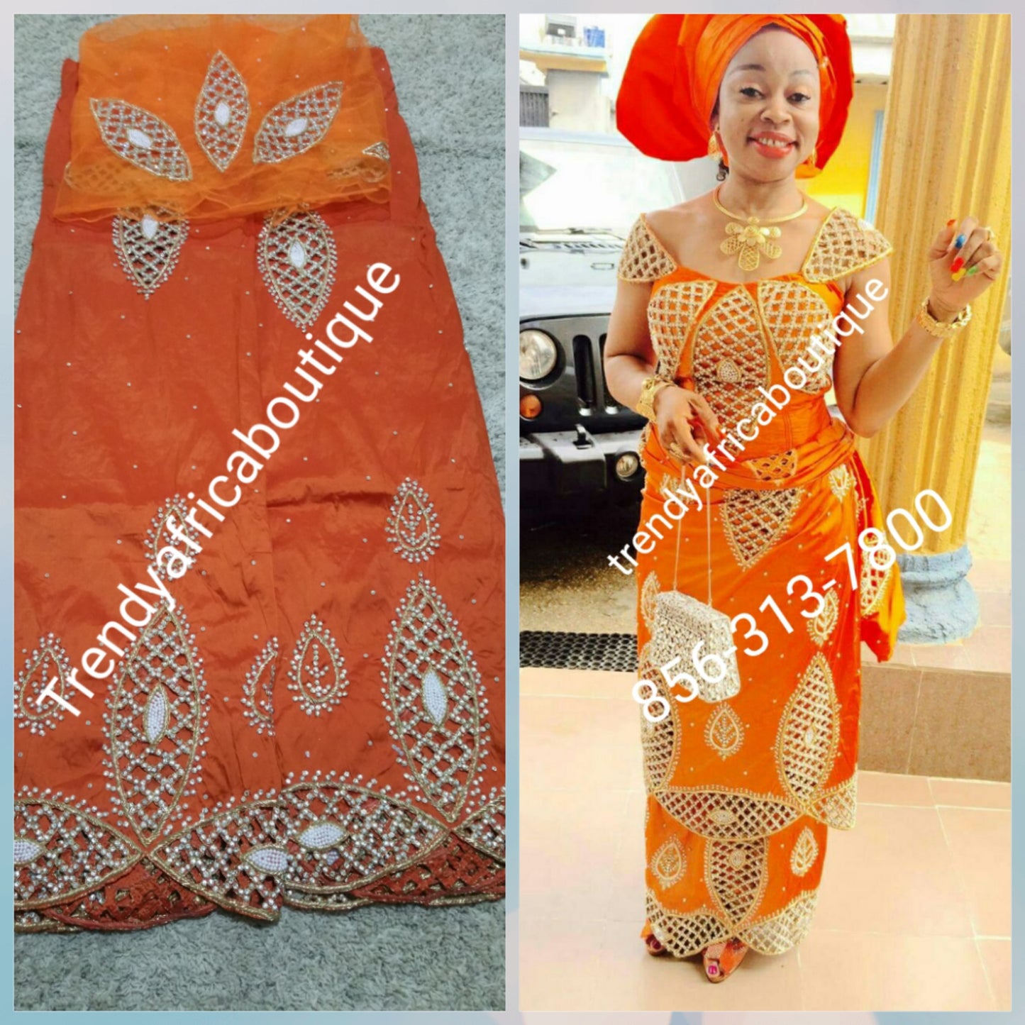 Clearance sale: Burnt Orange VIP/Celebrant Silk George wrapper with matching blouse. Tradional Igbo Bride George wrapper.