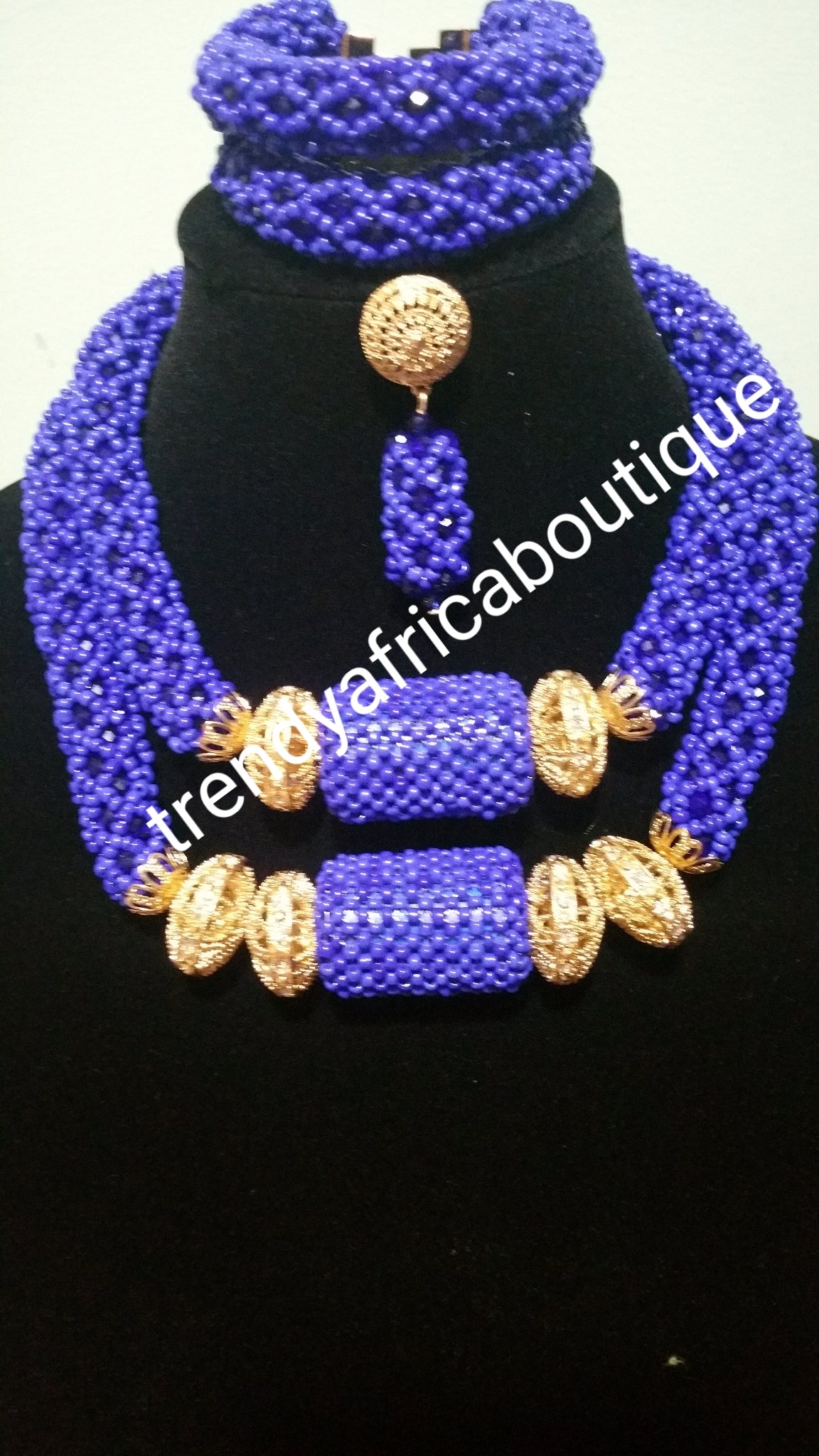 Latest Royal blue coral-necklace set. Quality wedding bead in 2 row choker necklace set.
