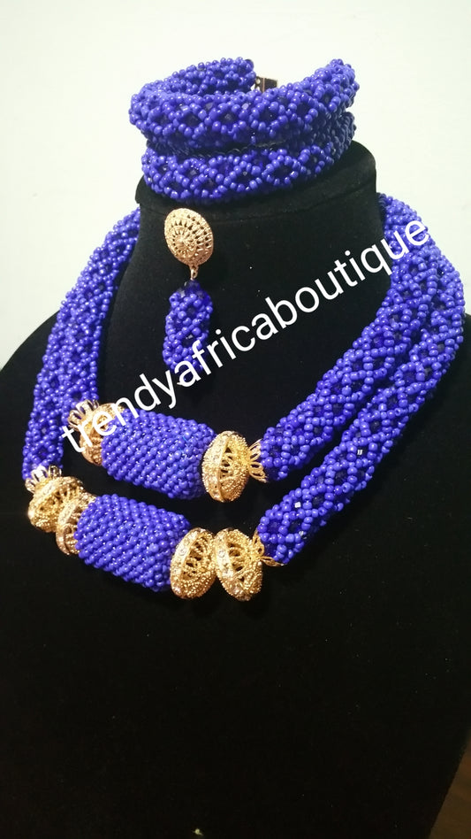 Latest Royal blue coral-necklace set. Quality wedding bead in 2 row choker necklace set.