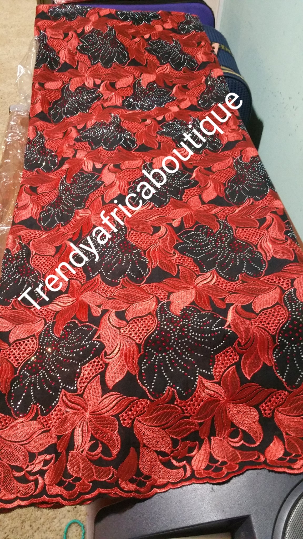 Quality Red/black Swiss lace fabric for African party. Embellished with Dazzling red &silver crystals. Sold 5yds