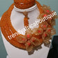 Sale sale: Orange Hand Beaded-necklace set. Nigerian party Coral-necklace set with side flower broach