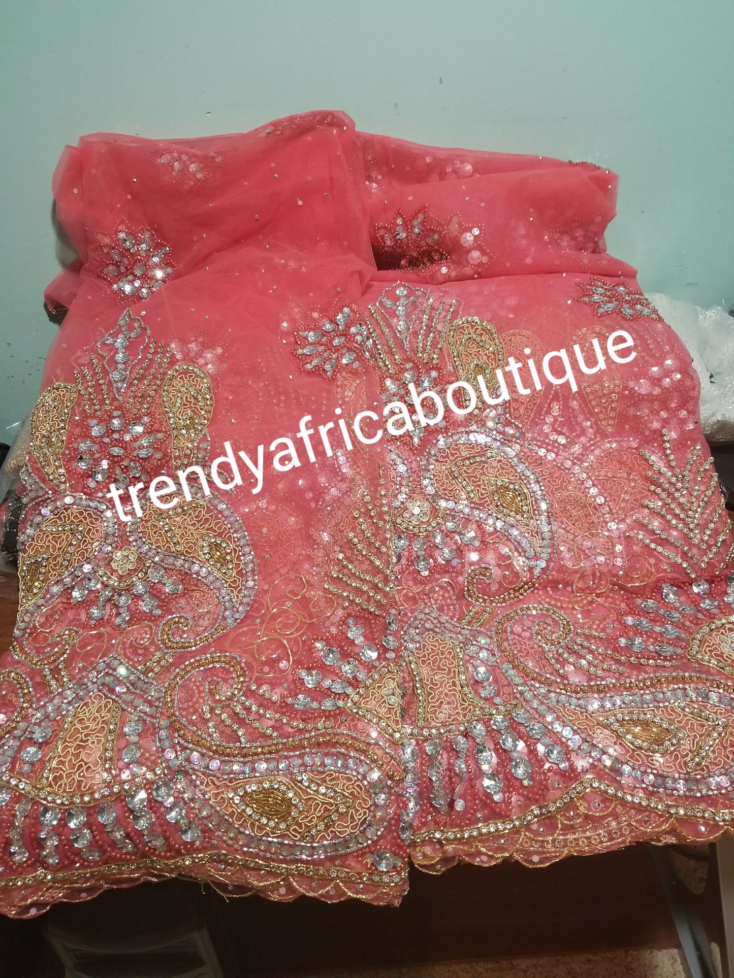 Ready to ship: Sweet Coral color VIP Madam Net George wrapper for Nigerian Bridal outfit. All over beaded/crystal stoned 2.5yds+ 2.5yds net + 1.8yds matching net for blouse. Sold as a set. Nigeria traditional weddings/event. Exclusive well made.