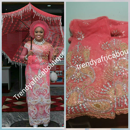 Ready to ship: Sweet Coral color VIP Madam Net George wrapper for Nigerian Bridal outfit. All over beaded/crystal stoned 2.5yds+ 2.5yds net + 1.8yds matching net for blouse. Sold as a set. Nigeria traditional weddings/event. Exclusive well made.