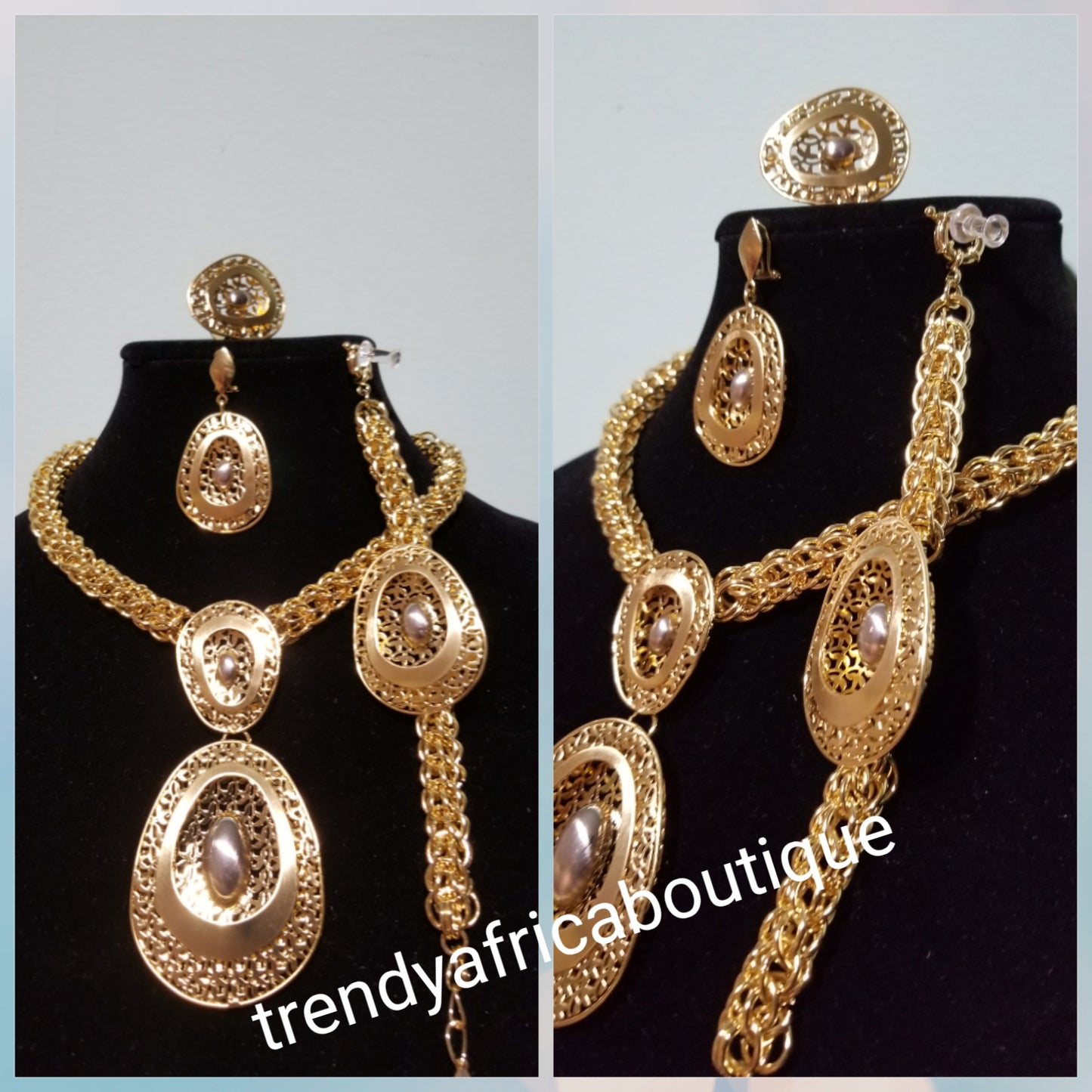 18k Gold plated quality Dubai necklace set. 4pcs African Costume Jewelry set. Brand new set. Sold as set