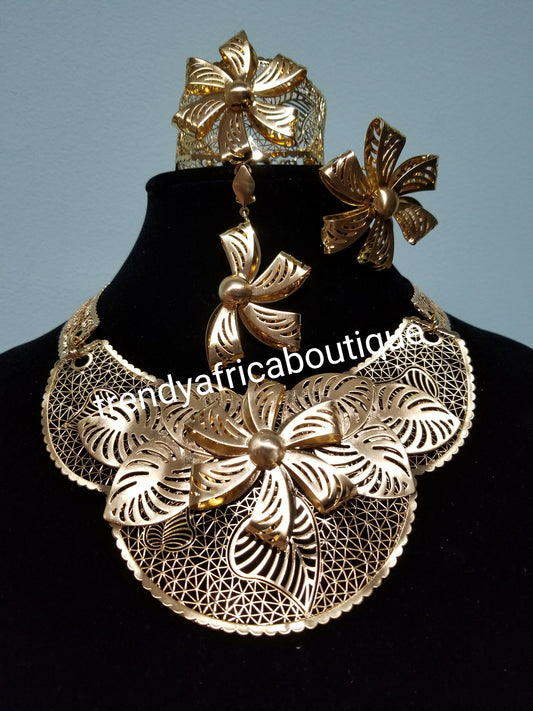 18k high quality Gold plating Dubai Jewelry set. 4pca necklace, earrings, bangle,  ring set. African party Jewelry set.