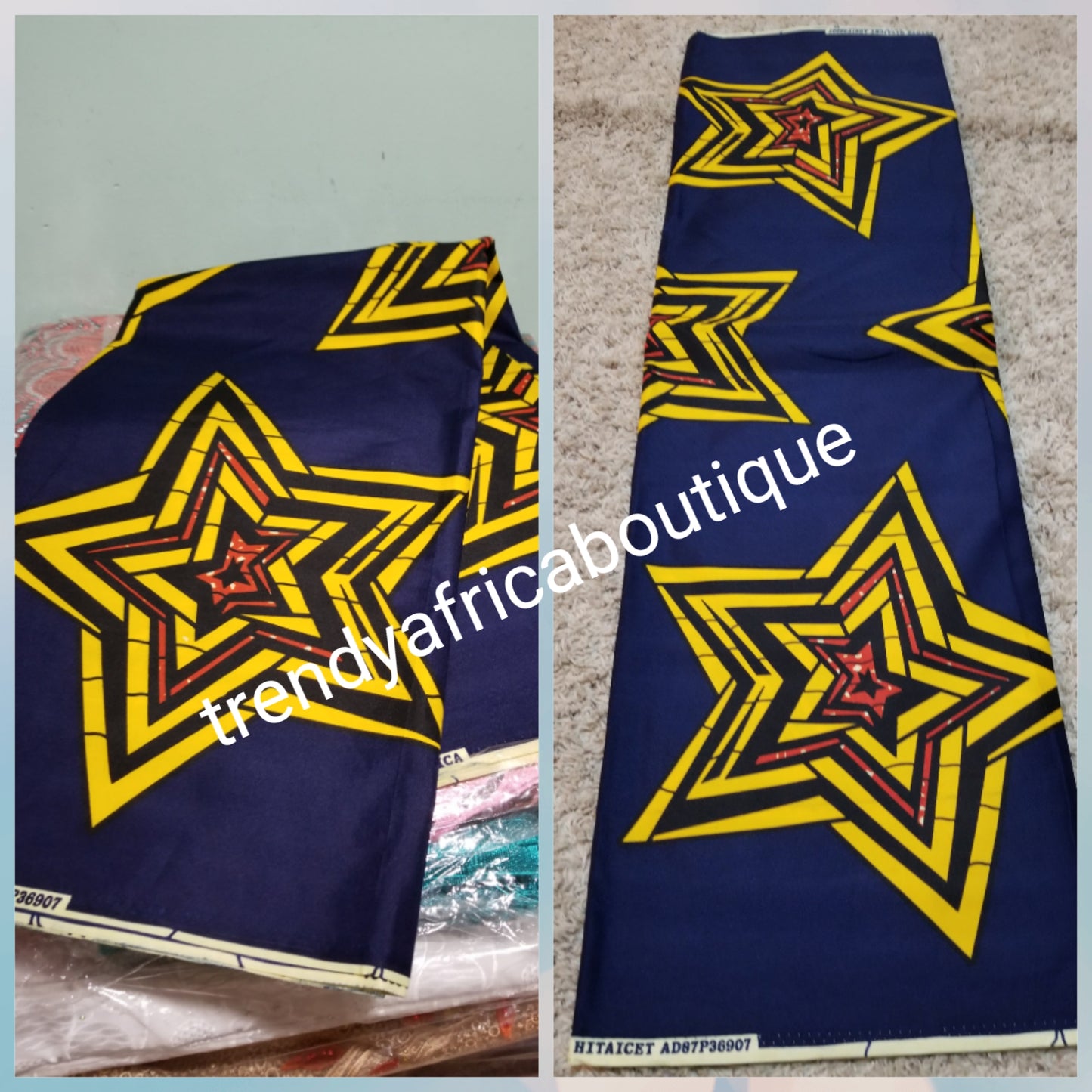Ankara Collections Wax print in Navy/ big yellow Star. On sale 100% wax print fabric