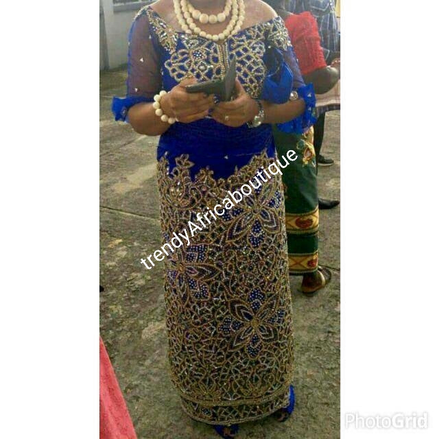GOLD VIP/Celebrant Supper quality Silk George Wrapper for High society Ceremony. Niger/Igbo/Delta women George wrapper comes in 5yds wrapper + 1.8 yrds matching blouse. Nigerian Traditional outfit. Hand stoned with Gold and silver dazzling crystal stones