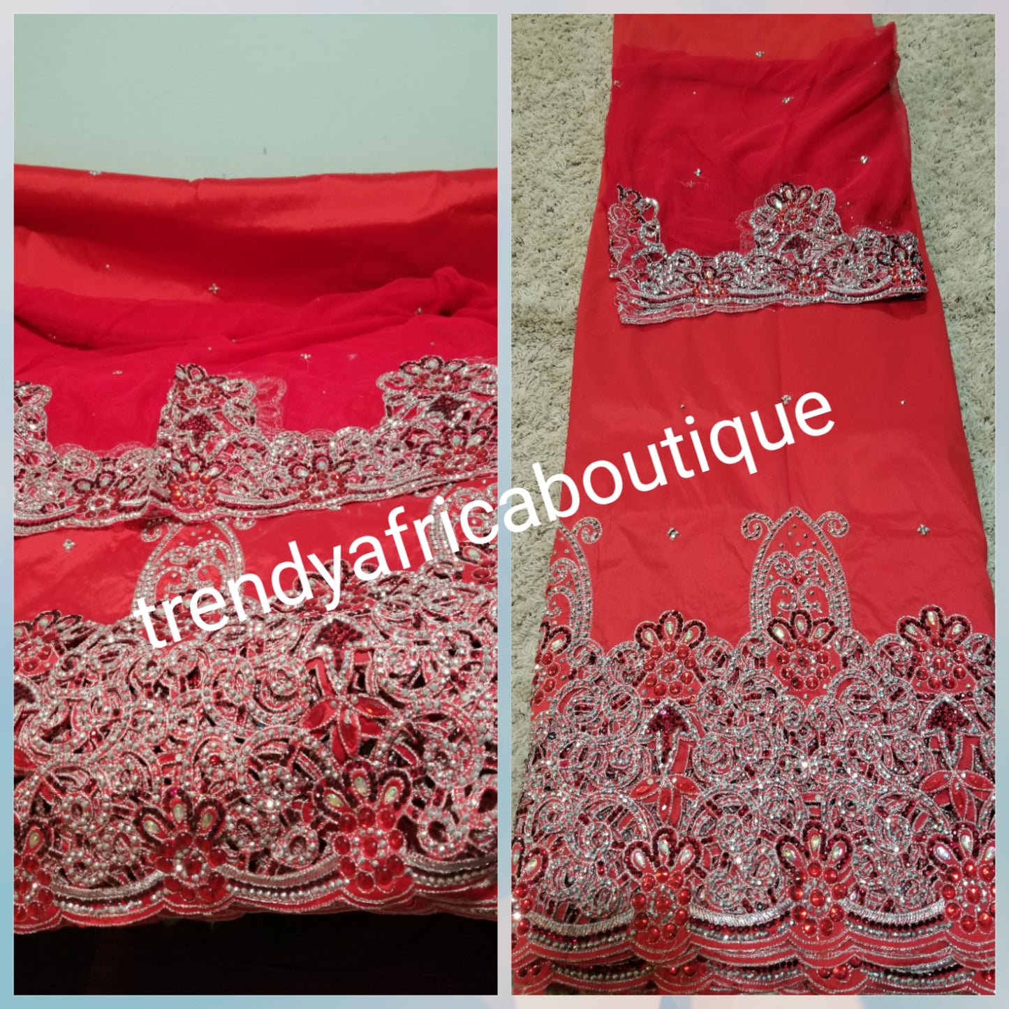 CLEARANCE: Red Hand Stoned Silk George wrapper & matching net blouse. Original quality.5yds wrapper + 1.8yds blouse