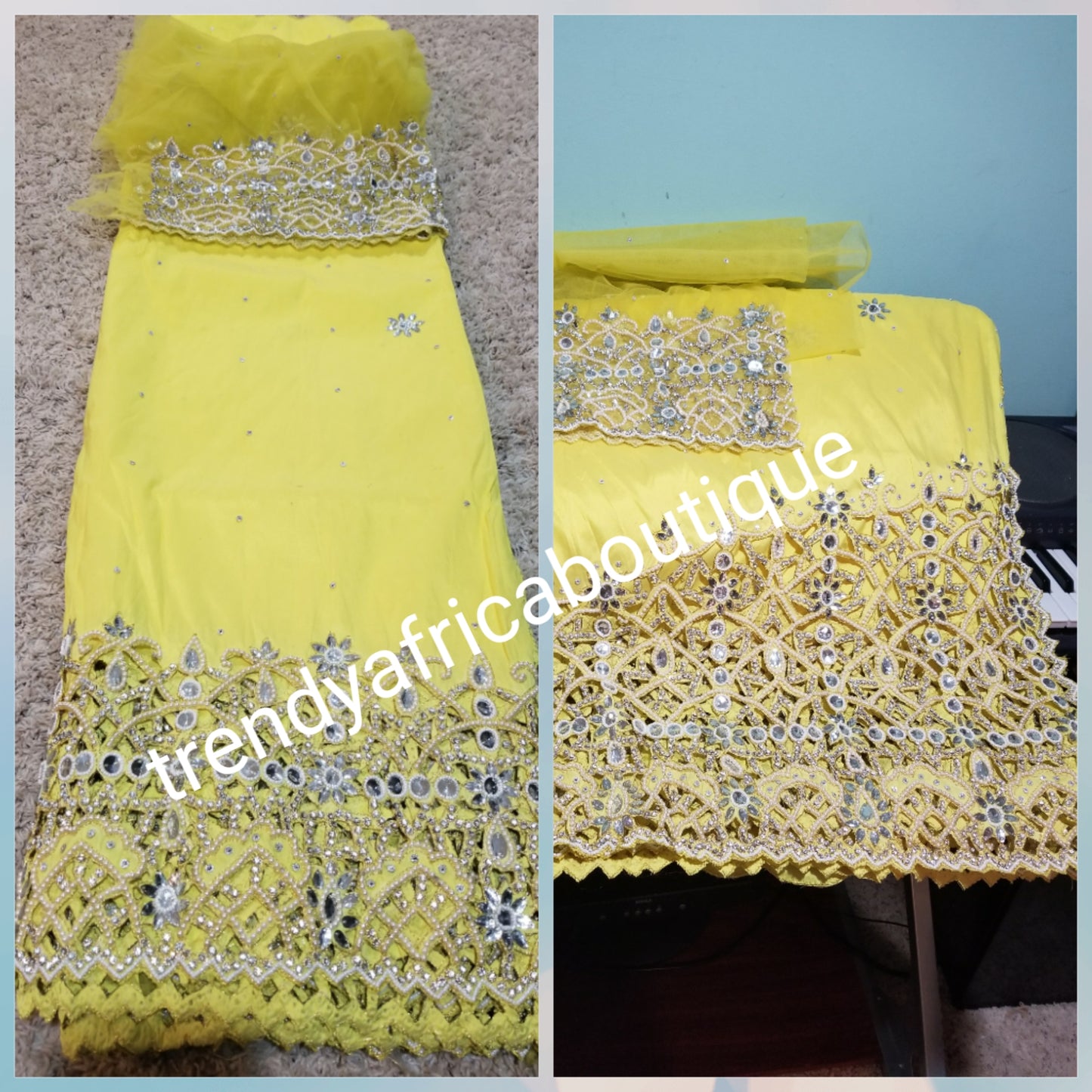 Latest Yellow Classic VIP hand stoned George Wrapper for Nigerian Traditional wedding. 5yds wrapper with matching blouse.