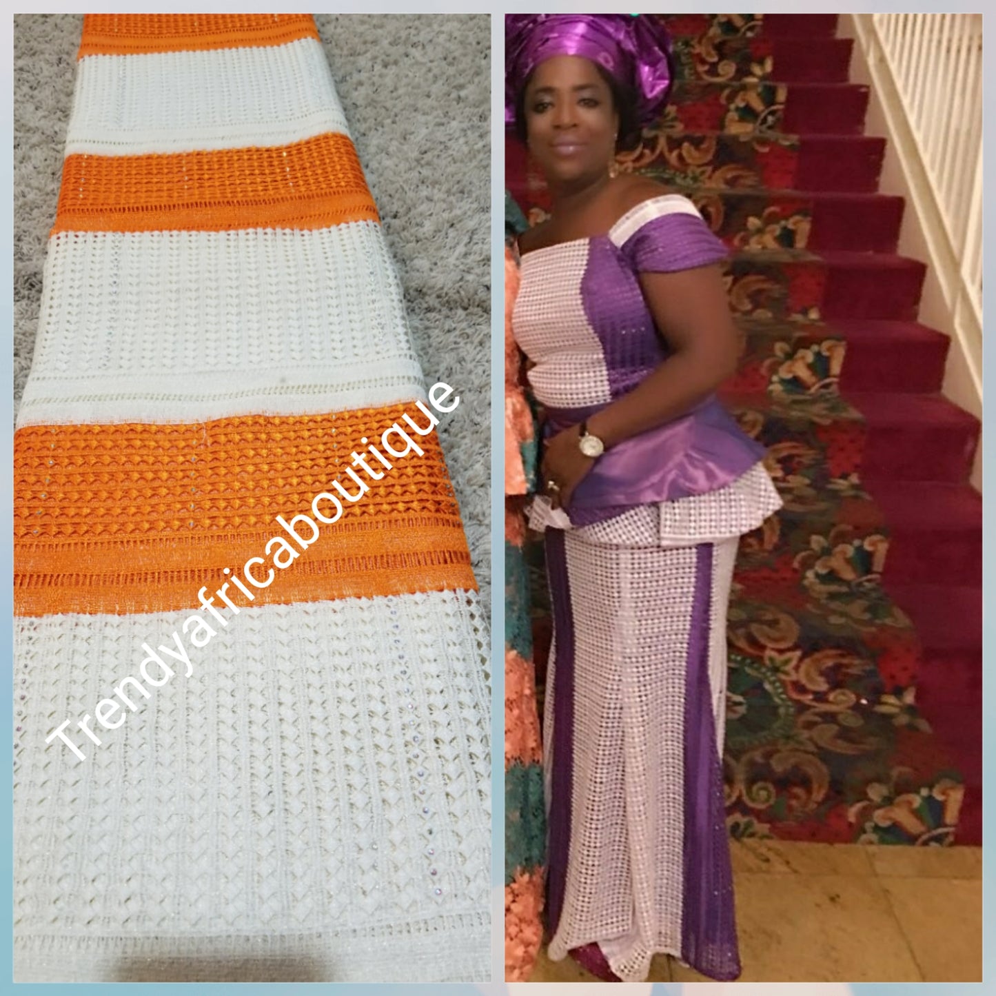 Clearance: Cream/Orange Cord-lace fabric for makimg Nigerian party dress. Sold per 5yds. Price is for 5 yds. Beautiful guipure-lace with stones