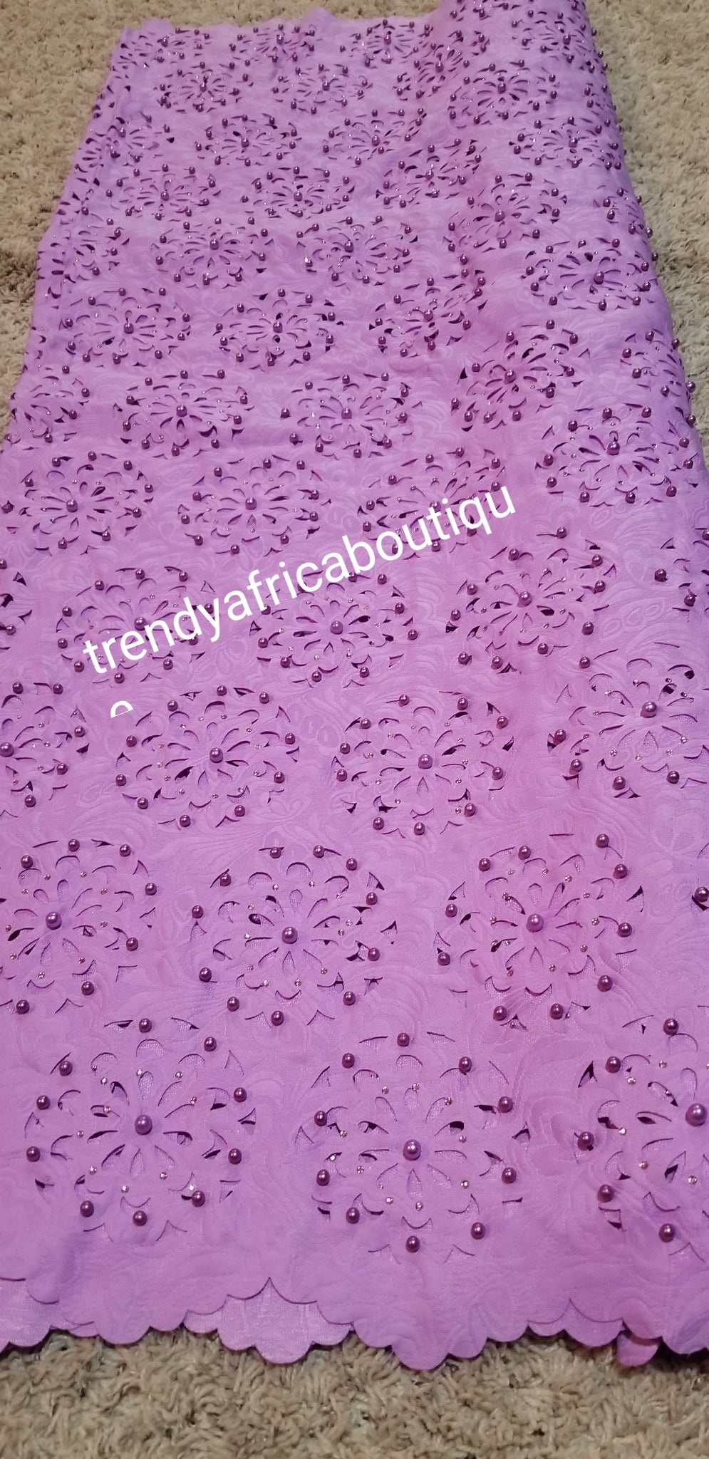 Beautiful Lilac Quality Swiss Voile lace fabric. Laser cut, soft texture and decorated with Crystal stones/pearls. Nigerian African french lace fabric.