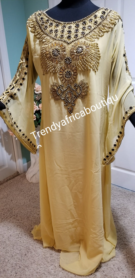 New arrival long free flowing India kaftan dress. Quality beaded and stones. Flared sleeve. Women Dubai kaftan. 60 inch long. Champagne gold