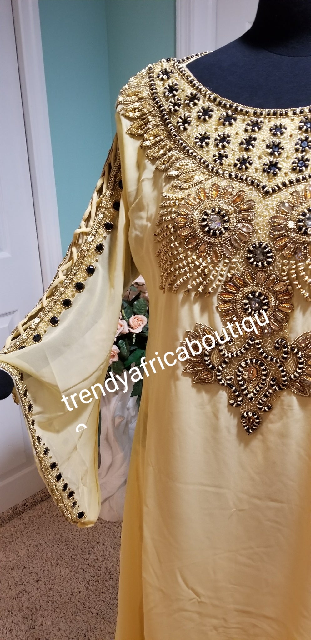 New arrival long free flowing India kaftan dress. Quality beaded and stones. Flared sleeve. Women Dubai kaftan. 60 inch long. Champagne gold