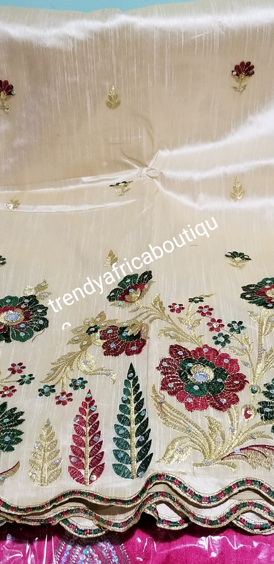 Clearance item: Premium Taffeta Silk George wrapper. Sold in 5yds. Nigerian embroidery silk George with beads and stones. Bone color Indian-George . Sold 5yds