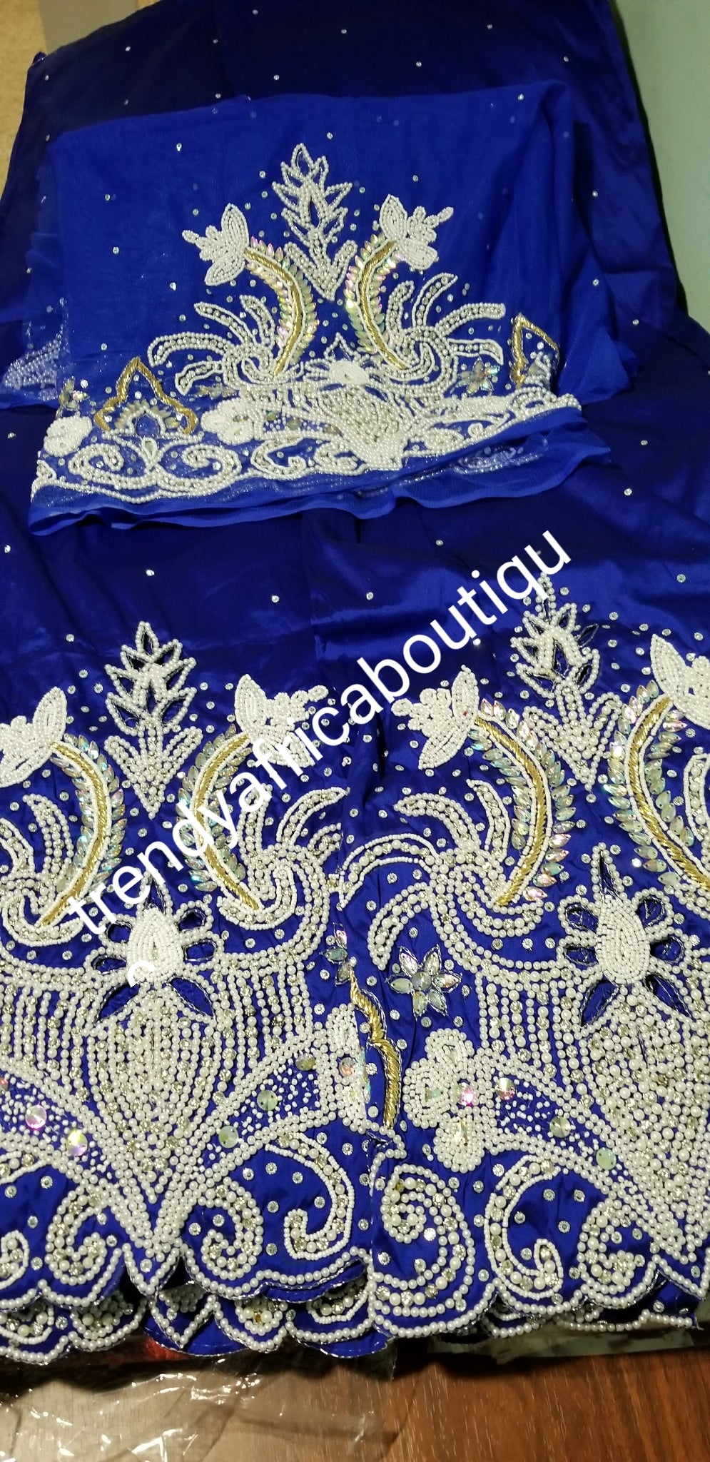 Nigerian Tradional Wedding VIP Hand stoned and beaded Silk George Wrapper. Royalblue color. Wrapper and matching blouse sold together
