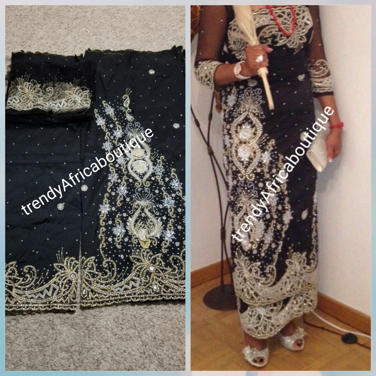 1st lady Igbo  Traditional wedding hand stoned Silk George wrapper. Black Big  madam celebrant 2.5yds + 2.5yds wrapper + matching blouse as shown on model
