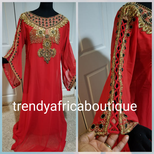 RED free flowing India Kaftan dress. Free flowing 60" long in Medium size. Quality beaded and stoned Dubai kaftan dress