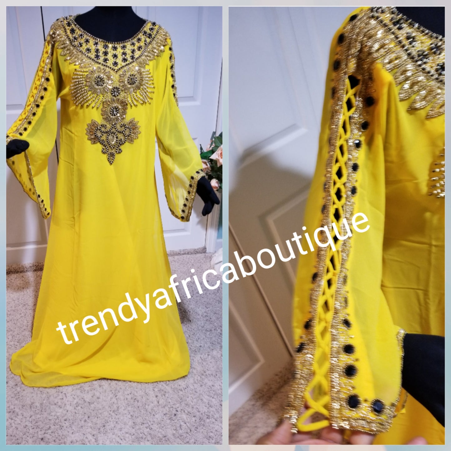 Beautiful sweet Yellow color Dubai long Kaftan dress. Available in size XL. Original quality beaded and stoned.