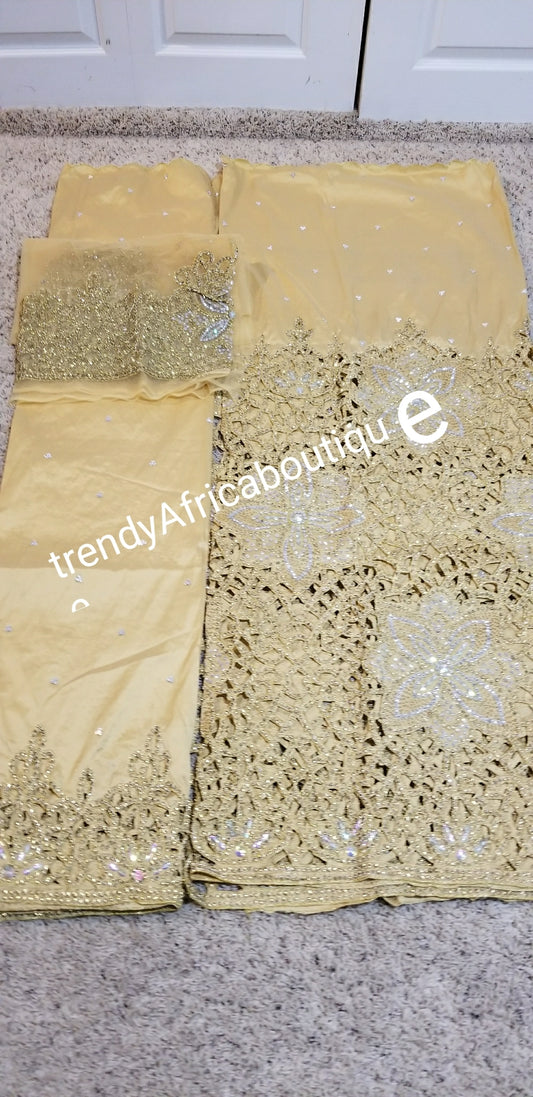 New arrival VIP Gold Color VIP hand Stoned Celebrant George wrapper for Nigerian Ceremonies. Sold with Matching net blouse