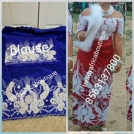 Quality VIP royal Blue Nigerian Tradional wedding George Wrapper and matching net blouse. Sold as a set of 5yds and 1.8yds blouse fabric.  beaded and stone work is all hand made work. Quality Silk George