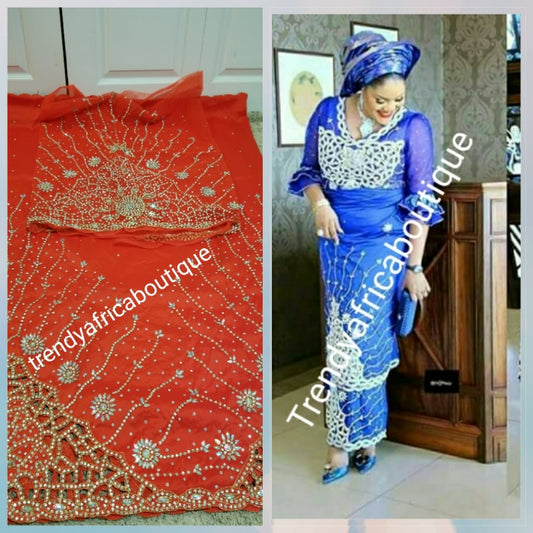 VIP hand stoned Georges. Supper quality Silk George wrapper  in Red. Traditional Nigerian Wedding George Wrapper and matching blouse