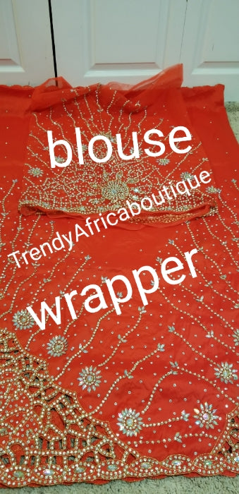 VIP hand stoned Georges. Supper quality Silk George wrapper  in Red. Traditional Nigerian Wedding George Wrapper and matching blouse