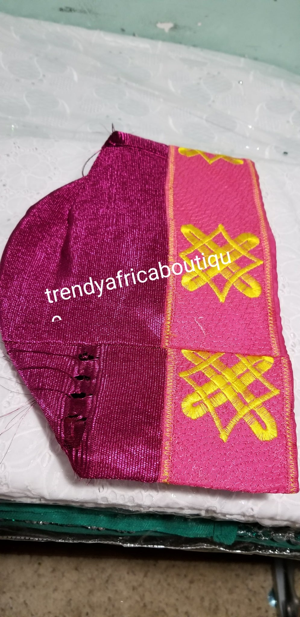 Fuschia pink Aso-oke Embroidery Agbada Cap for men. African/Nigerian  men-cap for party and ceremonies. This size is 22.5 Inches wide