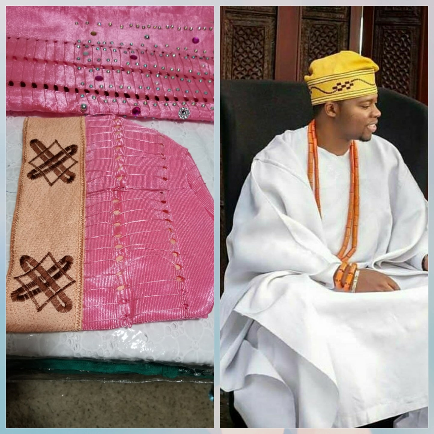 Neu eingetroffene nigerianische Herrenmütze für Agbada-Eingeborenenkleidung. Gestickte Aso-oke-Mütze in rosa Farbe, Größe 22 Zoll