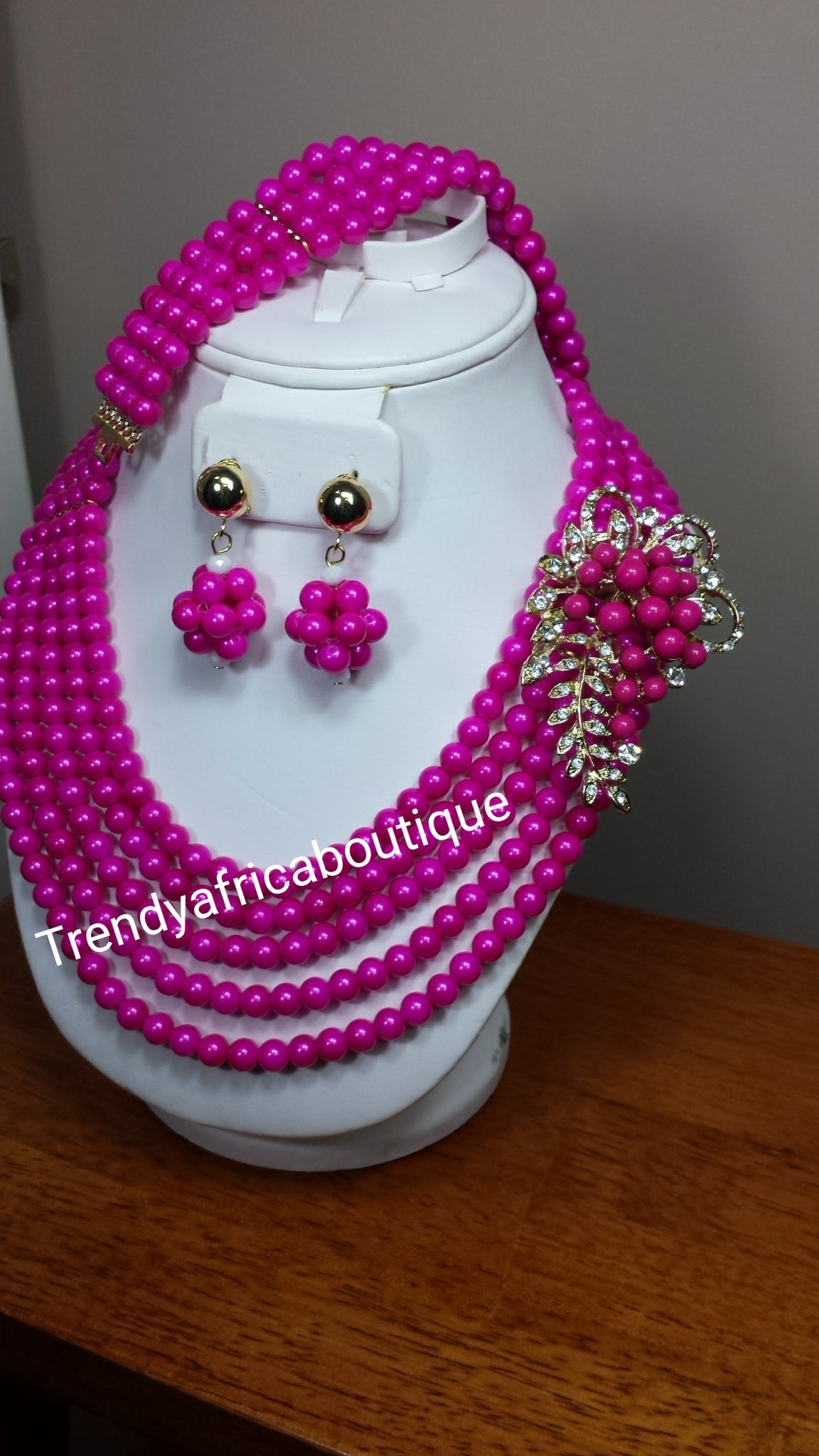 Clearance sale: hot pink multi rows beaded  necklace set with side broach sold as a set. 3pcs set.beaded-necklace, coral-necklace