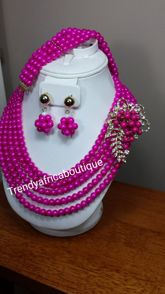 Ausverkauf: mehrreihiges Perlenkettenset in Pink mit seitlicher Brosche, als Set erhältlich. 3-teiliges Set.Perlen-Halskette, Korallen-Halskette
