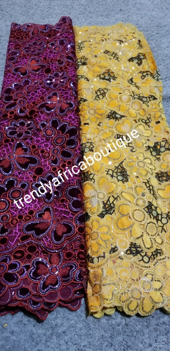 Sale sale: Quality handcut Lace Velvet Wrapper. Wow factor design velvet fabric for that special occasion. Sold per 5yds. Available in wine or orange color.