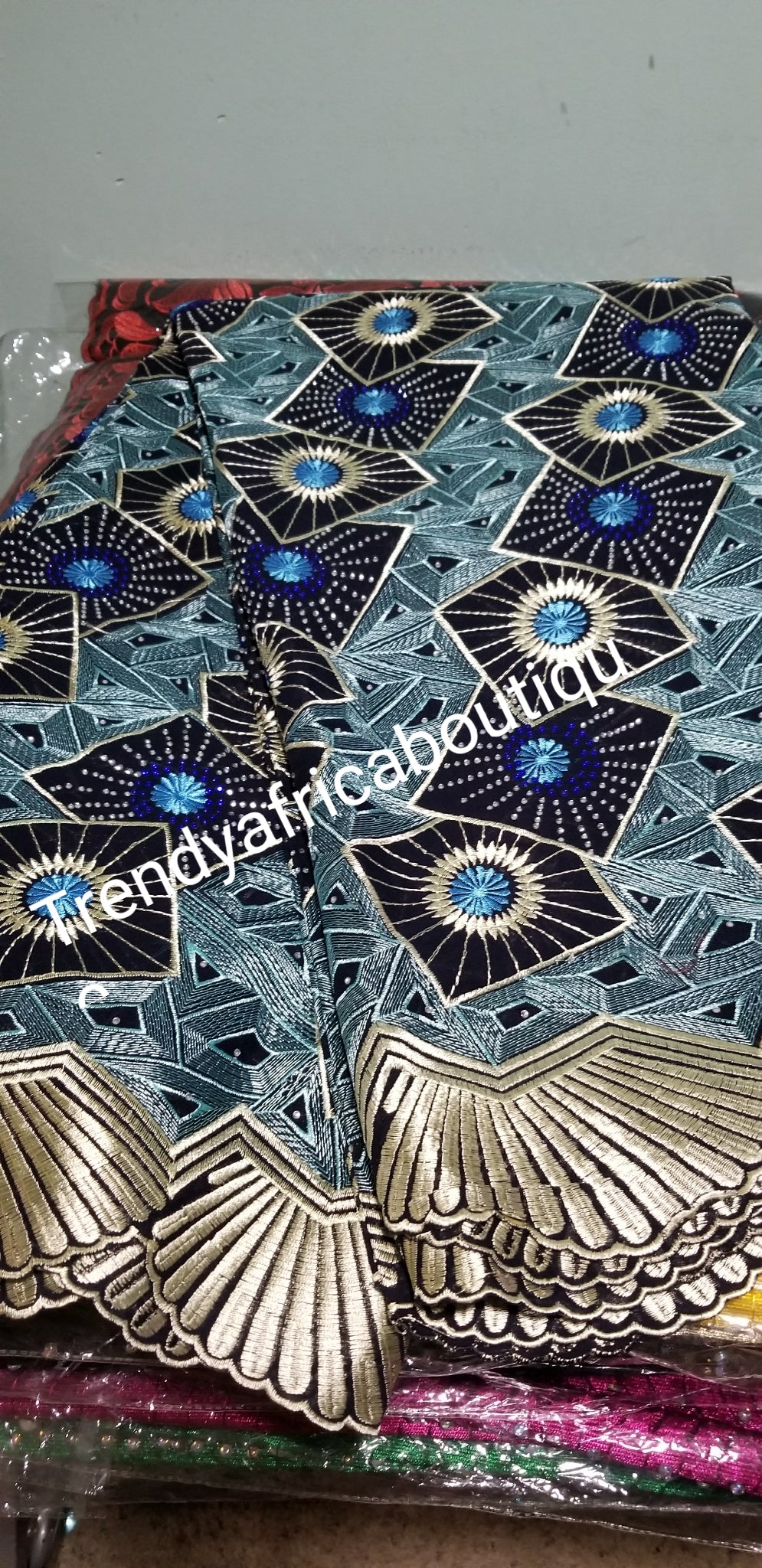 clearance: Royalblue/black/white Quality Swiss Lace fabric embellished with dazzling Crystal stones. Sold pet 5 yards. Soft Luxury quality